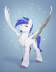 Size: 2077x2667 | Tagged: safe, artist:dorkmark, imported from derpibooru, oc, oc only, pegasus, pony, abstract background, beard, blue background, chest fluff, colored wings, facial hair, male, scar, solo, tail, two toned mane, two toned tail, two toned wings, wings