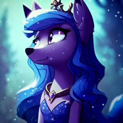 Size: 1000x1000 | Tagged: safe, imported from derpibooru, princess luna, wolf, ai content, ai generated, clothes, dress, female, furry, generator:stable diffusion, jewelry, smiling, solo, species swap, wolfified