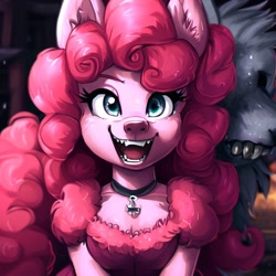 Size: 1000x1000 | Tagged: safe, imported from derpibooru, pinkie pie, wolf, ai content, ai generated, choker, clothes, female, furry, generator:stable diffusion, looking at you, smiling, smiling at you, solo, species swap, wolfified