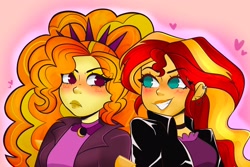 Size: 2048x1369 | Tagged: safe, artist:indigohatetrain, imported from derpibooru, adagio dazzle, sunset shimmer, human, equestria girls, blushing, choker, clothes, collar, duo, ear piercing, earring, female, grin, heart, jacket, jewelry, leather, leather jacket, lesbian, looking at each other, looking at someone, piercing, shipping, shirt, smiling, sunsagio