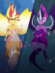 Size: 2200x2882 | Tagged: safe, artist:spicyredfox, imported from derpibooru, sci-twi, sunset shimmer, twilight sparkle, human, equestria girls, breasts, busty sci-twi, busty sunset shimmer, daydream shimmer, duo, duo female, female, fighting stance, floating, horns, midnight sparkle, sparks, wings