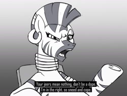 Size: 2000x1508 | Tagged: safe, artist:greenybeanz, imported from derpibooru, zecora, zebra, caption, female, frown, gradient background, grayscale, half body, mare, monochrome, rhyme, solo, talking, text, why are you booing me i'm right