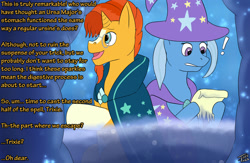 Size: 1810x1182 | Tagged: safe, artist:tastytales, imported from derpibooru, sunburst, trixie, pony, unicorn, cape, cloak, clothes, didn't think this through, duo, exclamation point, female, hat, imminent digestion, internal, male, mare, stallion, sunburst's cloak, this will end in death, trixie prey, trixie's cape, trixie's hat, vore