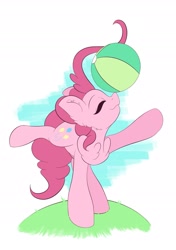 Size: 1595x2267 | Tagged: safe, artist:eventseem, imported from derpibooru, pinkie pie, earth pony, pony, balancing, ball, female, floppy ears, grass, mare, ponies balancing stuff on their nose, smiling, solo