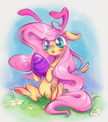 Size: 1818x2048 | Tagged: safe, artist:rozmed, imported from derpibooru, fluttershy, pegasus, pony, bunny ears, easter egg, female, solo
