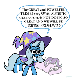 Size: 2164x2292 | Tagged: safe, artist:punkittdev, imported from derpibooru, starlight glimmer, trixie, pony, unicorn, to where and back again, autism, cape, clothes, covering face, cowering, dialogue, duo, duo female, female, hat, humor, lesbian, mare, nervous sweat, open mouth, shipping, simple background, speech bubble, startrix, talking, trixie's cape, trixie's hat, white background