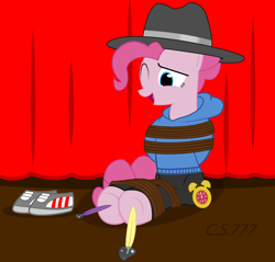 Size: 8192x7819 | Tagged: safe, artist:cardshark777, imported from derpibooru, pinkie pie, pony, arm behind back, bondage, clothes, curtains, discarded clothing, feather, female, hat, helpless, hoodie, hoof tickling, hooves behind back, laughing, levitation, magic, magic glow, mare, one eye closed, pants, pink coat, pink mane, pinkie loves tickling, rapper pie, rope, rope bondage, shoes off, shoes removed, signature, solo, stage, telekinesis, tickle torture, tickling, tied up, watch