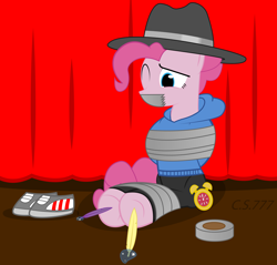 Size: 8192x7819 | Tagged: safe, alternate version, artist:cardshark777, imported from derpibooru, pinkie pie, pony, arm behind back, bondage, clothes, curtains, discarded clothing, duct tape, feather, female, gag, hat, helpless, hoodie, hoof tickling, hooves behind back, laughing, levitation, magic, magic glow, mare, one eye closed, pants, pink coat, pink mane, rapper pie, shoes off, shoes removed, signature, solo, stage, tape, tape bondage, tape gag, telekinesis, tickle torture, tickling, tied up, watch