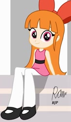 Size: 629x1080 | Tagged: safe, artist:rjp.rammy, imported from derpibooru, part of a set, human, equestria girls, blossom (powerpuff girls), bow, canterlot high, clothes, cute, cute smile, equestria girls-ified, hair bow, looking at you, ponytail, signature, sitting, smiling, smiling at you, solo, stairs, the powerpuff girls