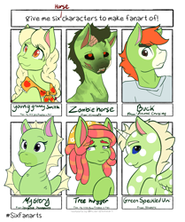 Size: 1423x1699 | Tagged: safe, artist:mscolorsplash, imported from derpibooru, granny smith, tree hugger, alicorn, anthro, earth pony, pony, seahorse, undead, zombie, zombie pony, six fanarts, animal crossing, crossover, female, green, male, mare, minecraft, neopets, spongebob squarepants, stallion, young granny smith, younger