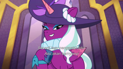 Size: 3072x1727 | Tagged: safe, imported from derpibooru, screencap, opaline arcana, alicorn, pony, spoiler:g5, spoiler:my little pony: tell your tale, spoiler:tyts01e50, female, g5, grin, hat, indonesian, mare, my little pony: tell your tale, opaline (song), opaline alone, smiling, solo, subtitles