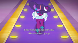 Size: 3072x1727 | Tagged: safe, imported from derpibooru, screencap, opaline arcana, alicorn, pony, spoiler:g5, spoiler:my little pony: tell your tale, spoiler:tyts01e50, eyes closed, female, g5, hat, indonesian, mare, my little pony: tell your tale, opaline (song), opaline alone, open mouth, open smile, smiling, solo, subtitles