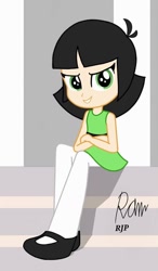 Size: 632x1080 | Tagged: safe, artist:rjp.rammy, imported from derpibooru, part of a set, human, equestria girls, buttercup (powerpuff girls), canterlot high, clothes, crossed arms, cute, cute smile, equestria girls-ified, looking at you, mullet, signature, sitting, smiling, smiling at you, smirk, solo, stairs, the powerpuff girls