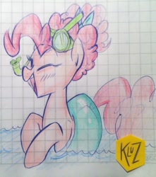 Size: 659x747 | Tagged: safe, artist:kluzart, imported from derpibooru, pinkie pie, earth pony, pony, graph paper, inner tube, pool toy, snorkel, solo, traditional art