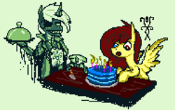 Size: 1130x709 | Tagged: safe, artist:damset, imported from derpibooru, oc, oc only, oc:da-mset, oc:flutter blaze, changeling, pegasus, pony, butler, cake, cloak, clothes, dust, dust changelings, food, happy birthday, monochrome, ms paint, one eye, pixel art, simple background