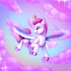 Size: 599x600 | Tagged: safe, artist:malarkey, imported from ponybooru, zipp storm, pegasus, pony, adorazipp, cloud, colored wings, cute, female, flying, g5, happy, manebooru, mare, multicolored wings, my little pony: a new generation, profile, smiling, solo, sparkles, spread wings, wings