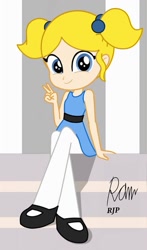 Size: 633x1080 | Tagged: safe, artist:rjp.rammy, imported from derpibooru, part of a set, human, equestria girls, bubbles (powerpuff girls), clothes, crossed legs, cute, cute smile, equestria girls-ified, looking at you, peace sign, pigtails, signature, sitting, smiling, smiling at you, solo, stairs, the powerpuff girls