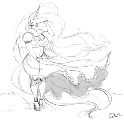 Size: 1048x1032 | Tagged: safe, artist:thelunarmoon, imported from derpibooru, princess celestia, alicorn, anthro, unguligrade anthro, big breasts, black and white, breasts, busty princess celestia, cleavage, clothes, dress, eyebrows, eyebrows visible through hair, female, grayscale, lidded eyes, mare, monochrome, simple background, sketch, solo, sundress, white background, windswept mane
