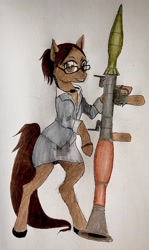 Size: 1224x2048 | Tagged: safe, artist:malamewart, imported from derpibooru, earth pony, pony, blouse, bracelet, businessmare, clothes, glasses, jewelry, miniskirt, radio ear piece, resident evil, resident evil 5, rocket launcher, rpg-7, sheva alomar, skirt, smiling, standing on two hooves, traditional art, weapon