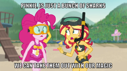 Size: 1066x600 | Tagged: safe, edit, edited screencap, editor:twi clown, imported from derpibooru, screencap, pinkie pie, sunset shimmer, human, equestria girls, equestria girls series, unsolved selfie mysteries, beach, belly button, bikini, caption, clothes, female, image macro, meme, one-piece swimsuit, pinkie pie swimsuit, summer sunset, sunset shimmer swimsuit, sunset shimmer's beach shorts swimsuit, swimsuit, text