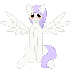 Size: 1500x1500 | Tagged: safe, artist:starfire dream, imported from derpibooru, oc, oc only, oc:mockery, pegasus, pony, amber eyes, blushing, chest fluff, digital art, front view, looking at you, male, pegasus oc, purple hair, purple mane, purple tail, simple background, sitting, smiling, solo, spread wings, stallion, tail, transparent background, white fur, wingboner, wings