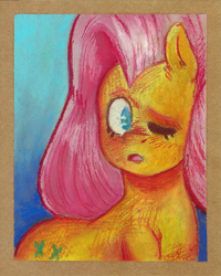 Size: 1987x2483 | Tagged: safe, artist:raph13th, imported from derpibooru, fluttershy, pegasus, pony, bust, female, high res, looking at you, mare, oil pastels, one eye closed, open mouth, passepartout, solo, three quarter view, traditional art, turned head, wingless