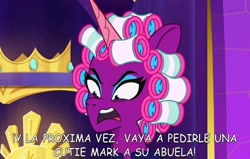 Size: 720x459 | Tagged: safe, edit, edited screencap, imported from derpibooru, screencap, opaline arcana, alicorn, pony, spoiler:g5, spoiler:my little pony: tell your tale, spoiler:tyts01e50, dona florinda, el chavo del 8, female, g5, hair curlers, mare, my little pony: tell your tale, opaline alone, solo, spanish, translated in the comments