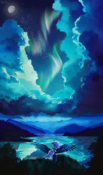 Size: 1500x2550 | Tagged: safe, artist:allegrenix, imported from derpibooru, princess luna, alicorn, pony, aurora borealis, cloud, ethereal mane, ethereal tail, female, lake, looking away, mare, moon, scenery, scenery porn, solo, spread wings, tail, wallpaper, water, wings