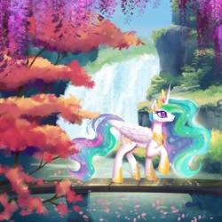 Size: 1800x1800 | Tagged: safe, artist:allegrenix, imported from derpibooru, princess celestia, alicorn, pony, bridge, falling leaves, female, flowing mane, flowing tail, lake, leaves, mare, scenery, scenery porn, solo, tail, tree, water, waterfall