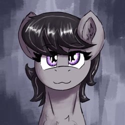 Size: 1592x1592 | Tagged: safe, artist:reddthebat, imported from derpibooru, octavia melody, earth pony, pony, :3, abstract background, alternate hairstyle, bust, ear fluff, female, lidded eyes, looking at you, mare, missing accessory, smiling, smiling at you, solo