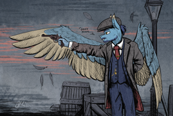 Size: 3696x2468 | Tagged: safe, artist:helmie-art, imported from derpibooru, oc, oc only, anthro, pegasus, aiming, barrel, clothes, coat, colored eartips, colored wings, cufflinks, ear fluff, feather, flat cap, gun, hand behind back, handgun, hat, looking to the left, male, necktie, old timey, one wing out, pegasus oc, pocket watch, revolver, solo, speech bubble, standing, streetlight, suit, two toned wings, weapon, wings