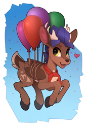 Size: 1600x2330 | Tagged: safe, artist:yakovlev-vad, imported from derpibooru, oc, oc only, oc:arny, deer, deer pony, original species, peryton, ascot, balloon, cloven hooves, cute, flying, heart, looking right, ocbetes, solo