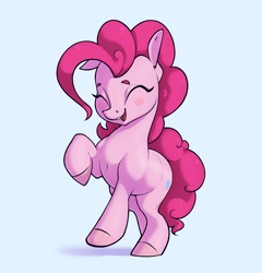 Size: 2660x2770 | Tagged: safe, artist:aquaticvibes, imported from derpibooru, pinkie pie, earth pony, pony, blue background, blushing, cyan background, eyes closed, female, mare, open mouth, open smile, raised hoof, simple background, smiling, solo