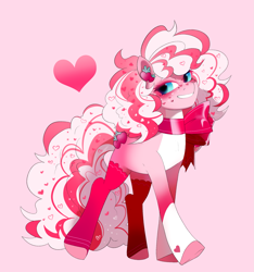 Size: 1757x1880 | Tagged: safe, artist:aztrial, imported from derpibooru, oc, oc only, oc:sweet hart, earth pony, pony, blue eyes, clean shaven coronet, coat markings, earth pony oc, female, grin, heart, mare, multicolored hair, pale belly, pink background, pretty, ribbon, simple background, smiling, socks (coat markings), solo