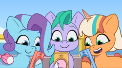Size: 2160x1215 | Tagged: safe, imported from derpibooru, screencap, earth pony, pegasus, pony, unicorn, spoiler:g5, spoiler:my little pony: tell your tale, spoiler:tyts01e41, a day in the life, cellphone, cute, female, filly, foal, g5, glory (g5), glorydorable, my little pony: tell your tale, open mouth, peach fizz, peachsweet, phone, pippsqueak trio, pippsqueaks, seashell (g5), shellabetes, smiling, trio