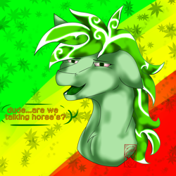 Size: 6000x6000 | Tagged: safe, artist:drawingkitty24, imported from derpibooru, oc, oc:stoney poney, pony, 420, detailed mane, drugs, green eyes, green mane, high pony, marijuana, red eyes, simple background, solo, talking to viewer, weeds
