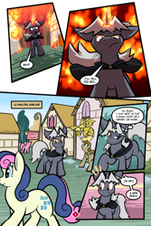 Size: 1567x2351 | Tagged: safe, artist:virmir, imported from derpibooru, bon bon, sweetie drops, oc, oc:shifting sands, oc:virmare, oc:virmir, earth pony, pegasus, pony, unicorn, comic:so you've become a pony villain, burning, comic, dialogue, fire, glowing, glowing eyes, glowing horn, horn, implied pinkie pie, narration, pony oc, ponyville, speech bubble