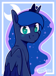 Size: 1280x1707 | Tagged: safe, artist:jellysketch, imported from derpibooru, princess luna, alicorn, pony, blush sticker, blushing, bust, cute, cutie mark background, ethereal mane, female, looking at you, lunabetes, mare, portrait, signature, smiling, smiling at you, solo, wings