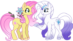 Size: 1280x720 | Tagged: artist needed, safe, imported from derpibooru, fluttershy, rarity, pony, unicorn, crown, duo, duo female, eye contact, eyebrows, eyeshadow, female, flower, flower in hair, g5 concept leak style, g5 concept leaks, jewelry, looking at each other, looking at someone, makeup, mare, open mouth, open smile, race swap, raised hoof, regalia, simple background, smiling, smiling at each other, unicorn fluttershy, white background