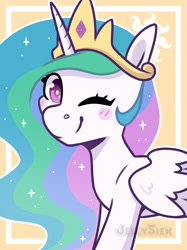 Size: 1280x1707 | Tagged: safe, artist:jellysketch, imported from derpibooru, princess celestia, alicorn, pony, blush sticker, blushing, crown, cute, cutelestia, cutie mark background, ethereal mane, female, jewelry, looking at you, mare, one eye closed, regalia, signature, smiling, solo, wink