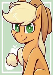 Size: 1280x1817 | Tagged: safe, artist:jellysketch, imported from derpibooru, applejack, earth pony, pony, applejack's hat, bust, cowboy hat, cutie mark background, female, hat, mare, portrait, signature, smiling, solo