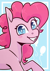 Size: 1280x1817 | Tagged: safe, artist:jellysketch, imported from derpibooru, pinkie pie, earth pony, pony, blush sticker, blushing, bust, cutie mark background, female, grin, mare, portrait, smiling, solo