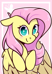 Size: 1280x1817 | Tagged: safe, artist:jellysketch, imported from derpibooru, fluttershy, pegasus, pony, blush sticker, blushing, bust, cute, cutie mark background, daaaaaaaaaaaw, female, floppy ears, hooves to the chest, looking at you, mare, outline, partially open wings, portrait, shyabetes, smiling, smiling at you, solo, white outline, wings