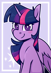 Size: 1280x1817 | Tagged: safe, artist:jellysketch, imported from derpibooru, twilight sparkle, alicorn, pony, blush sticker, blushing, bust, cute, cutie mark background, female, mare, portrait, smiling, solo, twiabetes, twilight sparkle (alicorn)