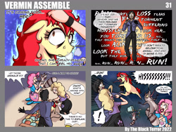 Size: 2500x1875 | Tagged: safe, artist:the-black-terror, imported from derpibooru, pinkie pie, surprise, oc, oc:archooves, oc:taekwon magic, human, pony, raccoon, comic:froz chiquita's little world, equestria girls, comic, implied equestria girls, rage, text