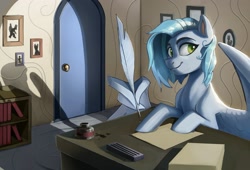 Size: 2048x1389 | Tagged: safe, artist:maxiima, imported from derpibooru, oc, oc only, pegasus, pony, bookshelf, ink, inkwell, paper, quill, solo, wing hands, wings