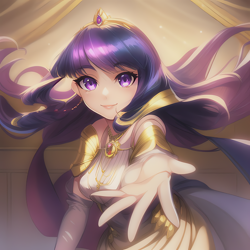 Size: 1280x1280 | Tagged: safe, imported from derpibooru, twilight sparkle, human, ai content, ai generated, breasts, busty twilight sparkle, clothes, crown, dress, evening gloves, generator:novelai, generator:stable diffusion, gloves, gold, hand, humanized, jewelry, lips, long gloves, long hair, looking at you, metal, necklace, offscreen character, pov, prompter:sammykun, reaching, regalia, smiling, solo