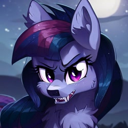 Size: 1000x1000 | Tagged: safe, imported from derpibooru, twilight sparkle, wolf, ai content, ai generated, fangs, generator:stable diffusion, looking at you, moon, solo, species swap, twiwolf, wolfified