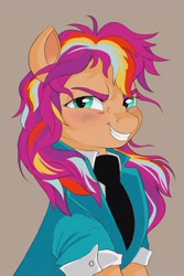 Size: 2344x3508 | Tagged: safe, artist:bearpone, imported from derpibooru, sunny starscout, earth pony, pony, alternate hairstyle, clothes, confident, female, g5, grin, looking at you, mane stripe sunny, mare, messy mane, multicolored hair, necktie, simple background, smiling, smiling at you, solo, suit, tan background