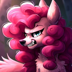 Size: 1000x1000 | Tagged: safe, imported from derpibooru, pinkie pie, wolf, ai content, ai generated, angry, generator:stable diffusion, growling, looking at you, pinkie wolf, solo, species swap, wolfified